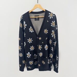 Vans Cardigan Sweater Large Black Smiley Flower Button Front Pockets